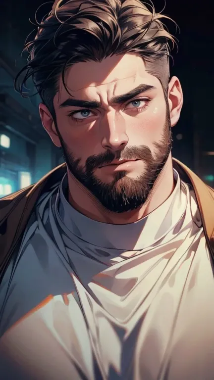 ( stupid,4K,8k,  highres,  masterpiece:1.2),  ultra-detailed,(realistic,photorealistic,photo-realistic:1.37),36-year-old man,3 day beard,cute anime ,Portraits,strong,Masculine,  dark hair,sharp jaw,    mesmerizing eyes    ,  perfectly combed hair,  cool an...