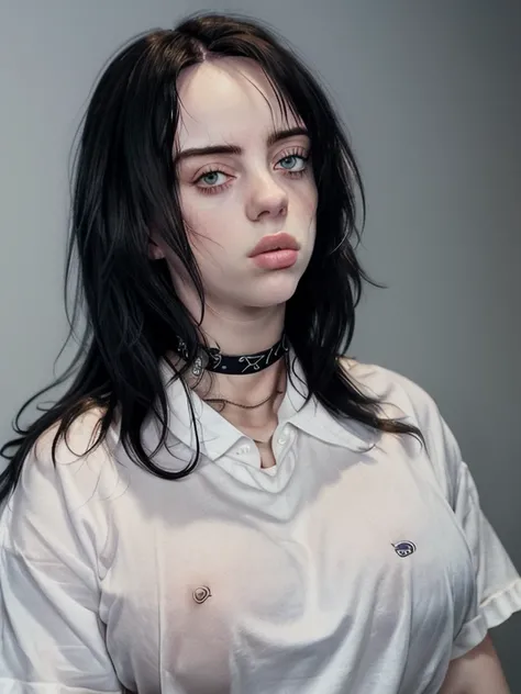 gquality, 1 .  alone.  looking at the viewer. closed shirt.  extremely huge boobs, Breasts too big to fit the shirt,  Boobs coming out,  shirtless, not, nsfw,   black hair.  mouth shut.  white shirt.  upper body.  blurred background. realistic.  Quality G ...