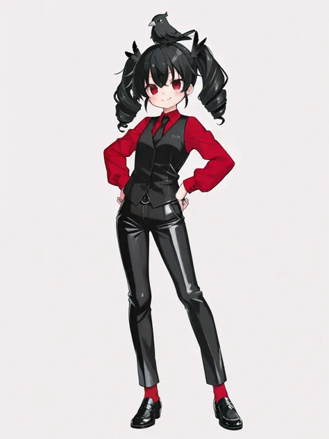  one woman、 full body standing picture 、 black hair、 twin tails on legs、Drill Hair、ツインDrill Hair、 eye color is red、 black business suit、 pants style。Black vest、 red shirtに白いネクタイ。Tight look、red socks and leather shoes、 red shirt、 your tie is black、 Next、Dro...