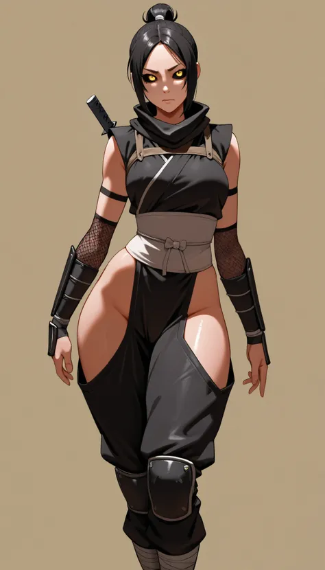  ((Masterpiece)), (( top quality), high definition, detailed face,fine grain, pink eye, detailed face , ninja, solo, simple background, yellow eyes, black_sclera, tall woman, mad max ninja clothes, all body in view