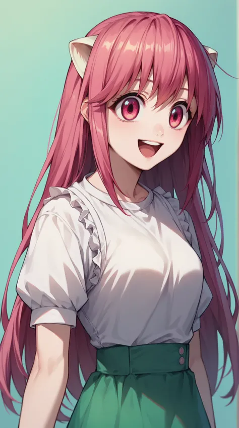  score _9,  score _8_arriba,  good quality ,  masterpiece,  big eyes , simple background 
ElfenliedLucy, Lucy,  long hair, pink hair,  pink eyes,  white blouse,  short green skirt ,
 looking at the spectator, happy, happy 