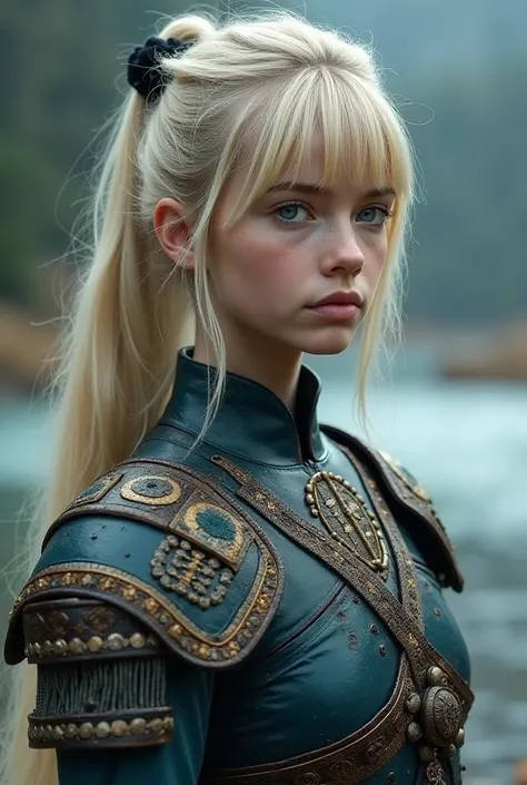 Scandinavian/Asian girl,blonde hair in pony tail with bangs. icey blue eyes. See ft skin. Wearing a mixture of Asian and Viking clothing/armor.