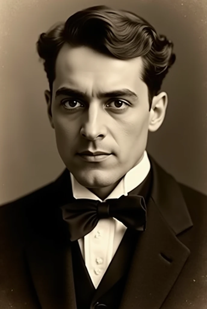 Portrait sepia du poete Federico Garcia Lorca regardant l'objectif . 
Vêtu d'une veste de costume noire, dune chemise blanche et dun noeud papillon. Cheveux bruns courts avec une mèche sur le côté droit formant une vague. Photo ancienne des annes 30. 