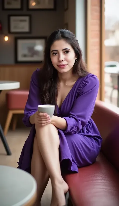 woman in coffee shop, brunnete, siting down in an edgy window, smile, purple simple dress, enjoying cofee, smart, 30 years old, long hair, Looking at viewer, High Resolution, High Details, cozy coffee shop