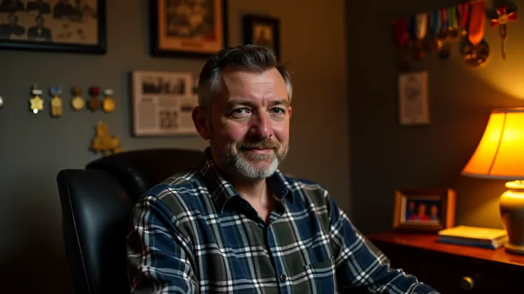 Man in plaid shirt, sitting in the office with a short beard,  illuminated by the warm light of a table lamp .  In the background are the walls , decorated with medals , } faded photographs and newspaper clippings ,  telling about military exploits 