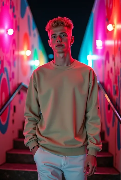 Young blond man, With half-gray blue eyes , Wearing a beige sweatshirt and white pants, Walking with stairs,  with black piercings and earrings, With pink party lights, orange,, green and blue, Rose on the spray-painted walls,  at night