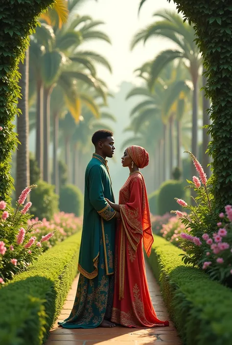 An African man and woman wearing islamic clothes in the garden 