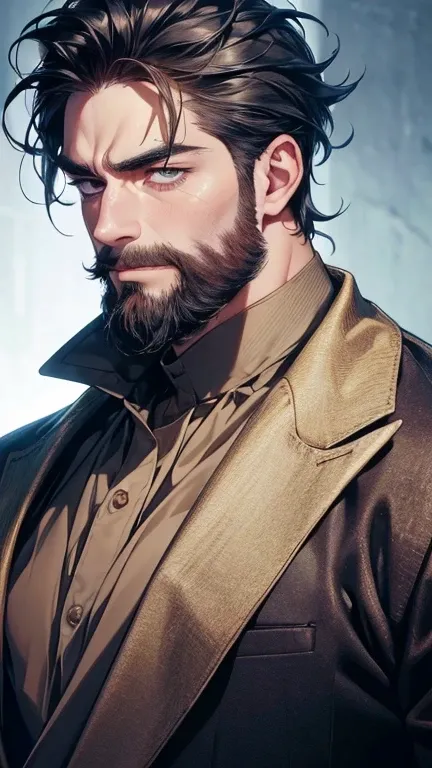 ( stupid,4K,8k,  highres,  masterpiece:1.2),  ultra-detailed,(realistic,photorealistic,photo-realistic:1.37),36-year-old man,3 day beard,cute anime ,Portraits,strong,Masculine,  dark hair,sharp jaw,    mesmerizing eyes    ,  perfectly combed hair,  cool an...