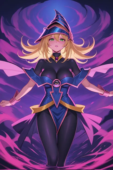 The dark magician girl giving us her back, surrounded by darkness, in vibrant pastel colors. Epic and shocking image in Daisuke Satō style.