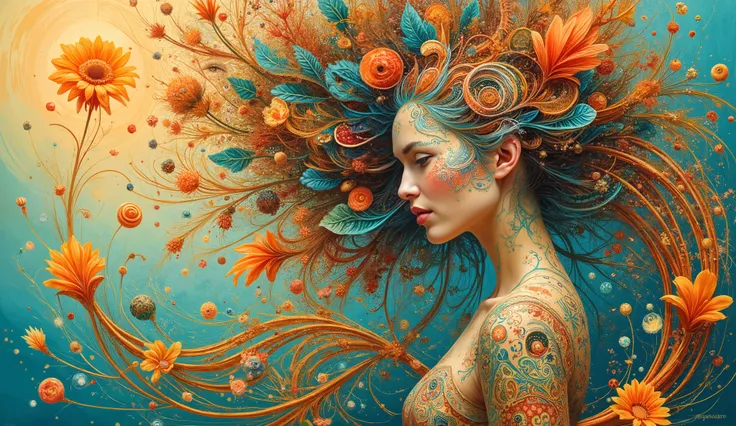 a highly stylized portrait of a woman adorned with intricate designs. Her hair flows gracefully, intertwined with leaves and abstract shapes. Vibrant colors like teal, orange, and subtle earth tones create a harmonious blend throughout the composition. Th...
