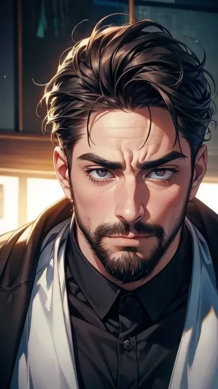 ( stupid,4K,8k,  highres,  masterpiece:1.2),  ultra-detailed,(realistic,photorealistic,photo-realistic:1.37),36-year-old man,3 day beard,cute anime ,Portraits,strong,Masculine,  dark hair,sharp jaw,    mesmerizing eyes    ,  perfectly combed hair,  cool an...