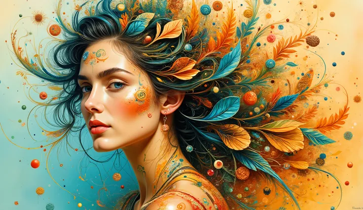 a highly stylized portrait of a woman adorned with intricate designs. Her hair flows gracefully, intertwined with leaves and abstract shapes. Vibrant colors like teal, orange, and subtle earth tones create a harmonious blend throughout the composition. Th...