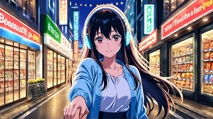 a beautiful anime girl is wearing cute clothes, Walk in the streets of Japan at night., with lights,  in her hand holding an iphone 15 pro max, girl wearing wireless headphones, On the street next to her there was a sports convertible running. ,  there is ...