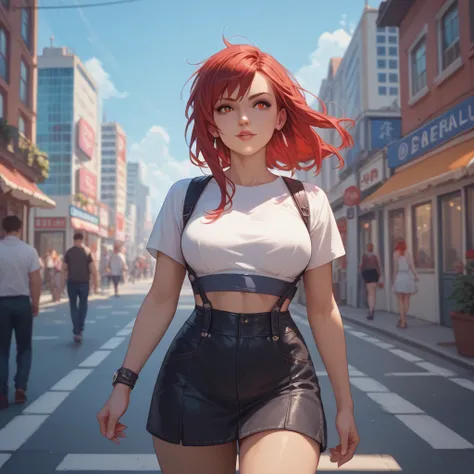 1 girl, red hair, red eyes, standing front view walking in the city