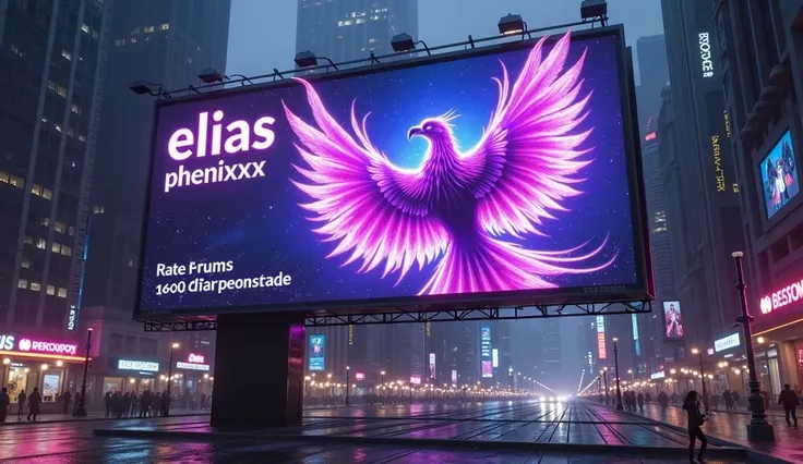 A billboard depicting a neon purple phoenix and ELIAS PHENIXXX lettering in a futuristic font BELOW THE BILLBOARD IN THE MIDDLE OF CYBER PUNK CITY