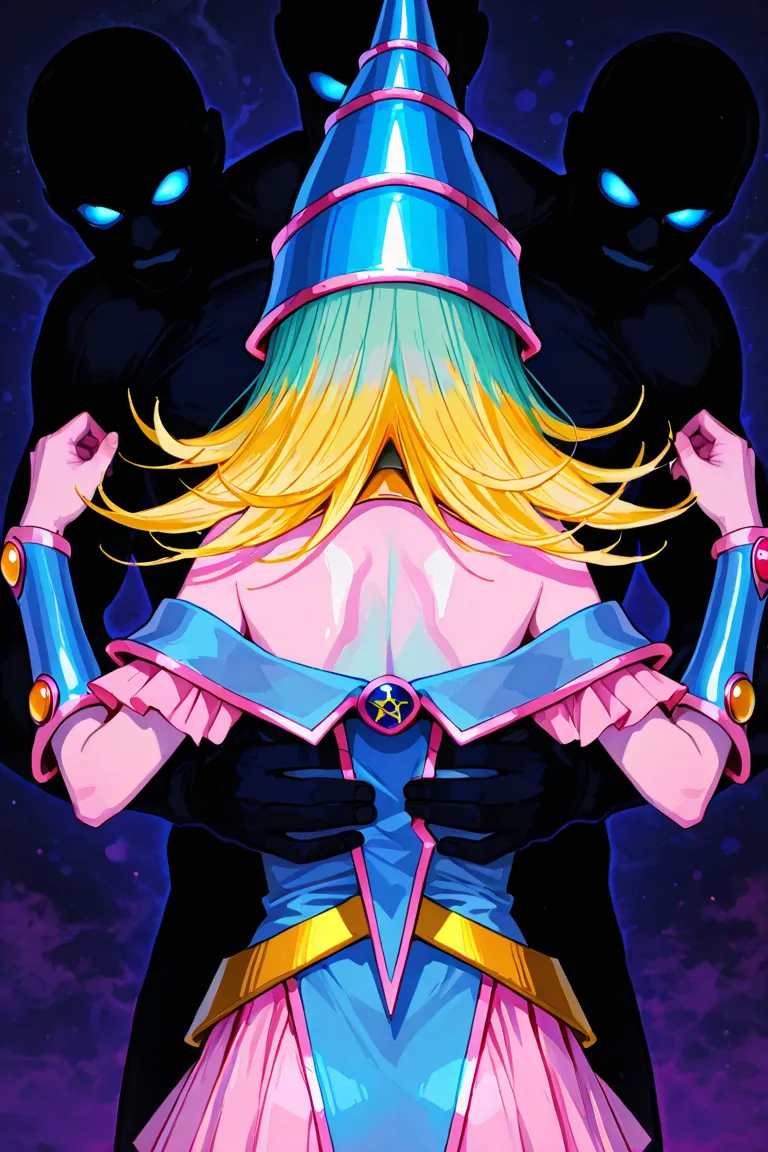 The dark magician girl giving us her back, surrounded by darkness, in vibrant pastel colors. Epic and shocking image in Daisuke Satō style.