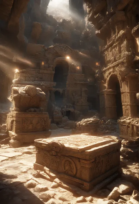 a hidden chamber waiting to be discovered, ancient ruins, sunlight streaming through cracks, dust motes floating in the air, ornate stone carvings, mysterious hieroglyphics, crumbling stone walls, treasure chest, glowing artifacts, adventure, cinematic lig...