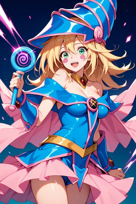 The dark magician girl giving us her back, surrounded by darkness, in vibrant pastel colors. Epic and shocking image in Daisuke Satō style.