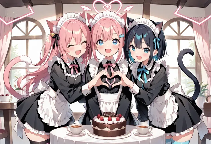 ((masterpiece, best quality, ultra detailed, high resolution, beautiful detailed face, beautiful detailed eyes, perfect hands)), (3 girl, group shot), (cat ear and tail), (small breasts), (different hairstyles and hair colors), (maid costume, maid headdres...