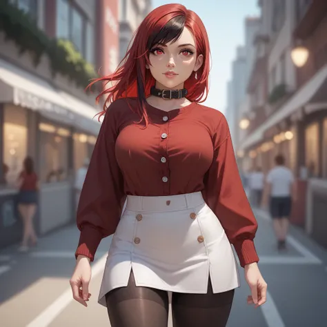 1 girl, red hair, red eyes, standing front view walking in the city .A female character wearing a detailed red shirt, made of fabric with visible texture, with folds. The shirt has a natural fit on the body, with buttons and subtle details on the collar an...