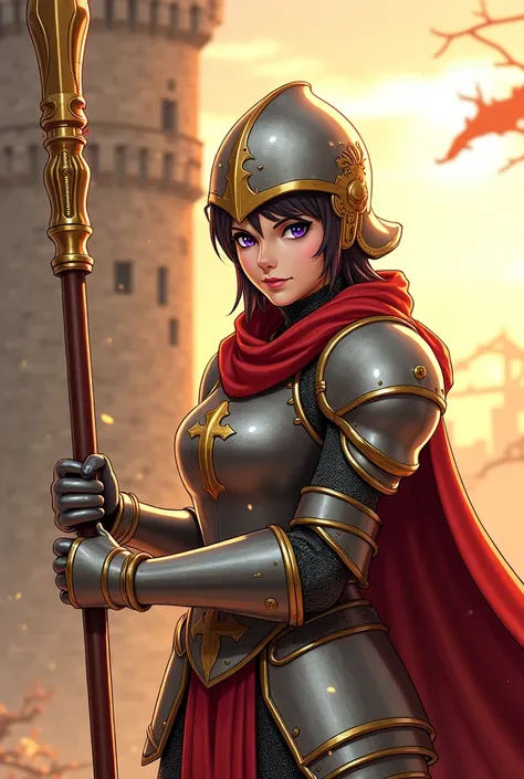 A female knight in a silver-gold holy armor (Europe) Wearing a long veil with a symbol of protection, wearing an armored helmet with half a mask, but showing powerful eyes, holding a pike. The background is a tall castle with the sunset light shining throu...