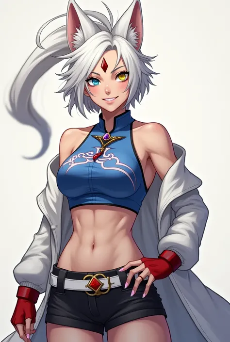 Adult woman, older woman, mature, fantasy, short white hair, long ponytail, wild hair, hair sticking outward, parted bangs, blue eye, yellow eye, white fox ears, white wolf tail, diamond shaped jewel in forehead, backless blue chinese shirt, design on shir...