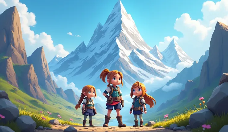 Three brave sisters—Lina (strong leader), Mira (clever strategist), and Sora (kind-hearted dreamer)—standing at the foot of towering mountains.in 3d cartoons 