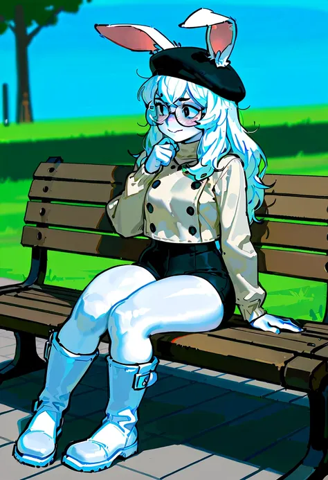  nervous face, ((very nervous)), ( blushing), avoid eye contact , 1 girl, (( anthropomorphic rabbit boots)), (( the Rabbit Girl   )),   cream turtleneck sweater ,   black sports shorts ,   full body,  middle thighs,  Medium Breasted,  collar plateado , Abr...