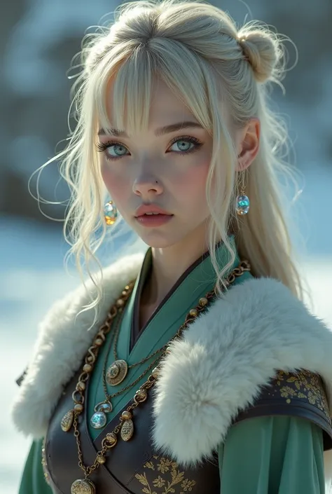 Scandinavian/Asian girl,blonde hair, twin buns with bangs, crystal bell ornaments. icey blue eyes. Soft skin. Wearing a mixture of Asian and Viking clothing/armor. 