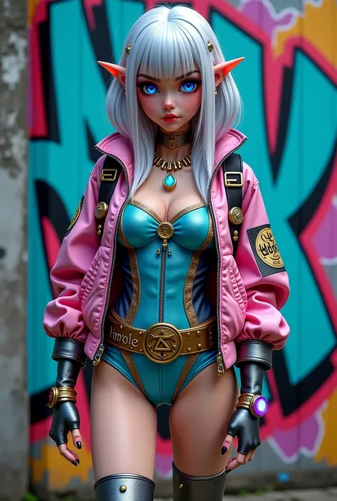 Rebellious European Girl，Silver hair，Blue luster，Violet eyes，Street style，Fantasy elements，Rainbow fabric，Bodysuit，Gold pattern，Ancient runes，Holographic bomber jacket，Metal nails，Gemstone pattern，thigh-high boots，Metallic silver，Glowing blue decoration，My...