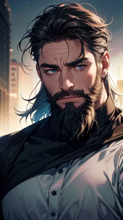 ( idiot,4K,8k,   highres,   masterpiece:1.2),   ultra-detailed,(realistic,photorealistic,photo-realistic:1.37),36-year-old man,3 day beard,cute anime ,Portraits,strong,Masculine,   dark hair,sharp jaw,      mesmerizing eyes      ,   perfectly combed hair, ...