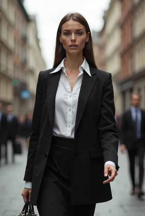 A woman. Employee of acccountancy company going out to see a female client.  She want to impress, so she has put on a smart white shirt with a collar and double cuffs.  Her shirt collar is worn out over the jacket lapels.  Her neck is elongated and very lo...