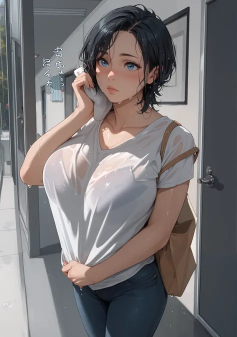 wet white shirt, blush, short black hair, waiting in front of the door, ice blue eyes, huge boobs, jeans, holding a bag, 