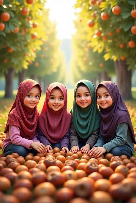 Four girls wearing hijab with hazelnuts