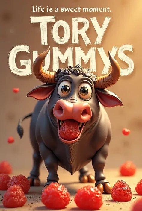 An image for a brand of enchilosa gummies that has a bull eating cardboard-style gummies that says "tory gummys" And on the edge of the image that says "Life is a sweet moment"  in Spanish 