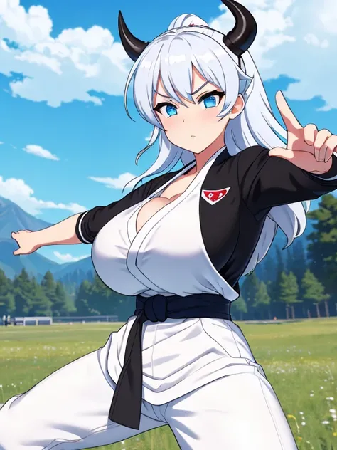 -Animated style- -4K- -RTX- -Masterpiece- -big breasts- -cleavage- A young, beautiful looking woman, young face, light blue eyes, white hair, red horns, dressed in a white karate uniform, with black details, white karate pants and a black belt. serious exp...