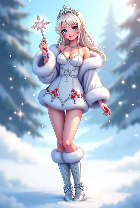 "4K anime style quality, digital drawing mode, a radiant beauty with platinum blonde curls, icy blue eyes, and flawless porcelain skin. She wears a white fur-trimmed mini-dress with silver red snowflake embroidery, paired with knee-high silver boots and a ...