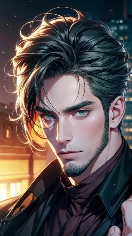 (   ,4K,8k,     highres,     masterpiece:1.2),     ultra-detailed,(realistic,photorealistic,photo-realistic:1.37),36-year-old man,3 day beard,cute anime ,Portraits,strong,Masculine,     dark hair,sharp jaw, mesmerizing gray-green eyes ,     perfectly combe...