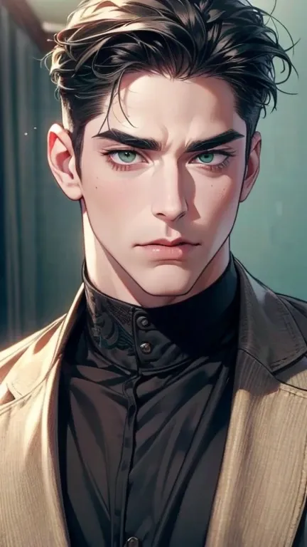 (   ,4K,8k,     highres,     masterpiece:1.2),     ultra-detailed,(realistic,photorealistic,photo-realistic:1.37),36-year-old man,3 day beard,cute anime ,Portraits,strong,Masculine,     dark hair,sharp jaw, mesmerizing gray-green eyes ,     perfectly combe...