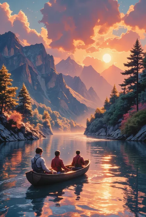 A serene river scene at sunset with golden light reflecting off calm waters. Two people sit in a small wooden boat—one fishing with a rod while the other rests quietly. In the background, lush green trees line the riverbank, with distant mountains bathed i...