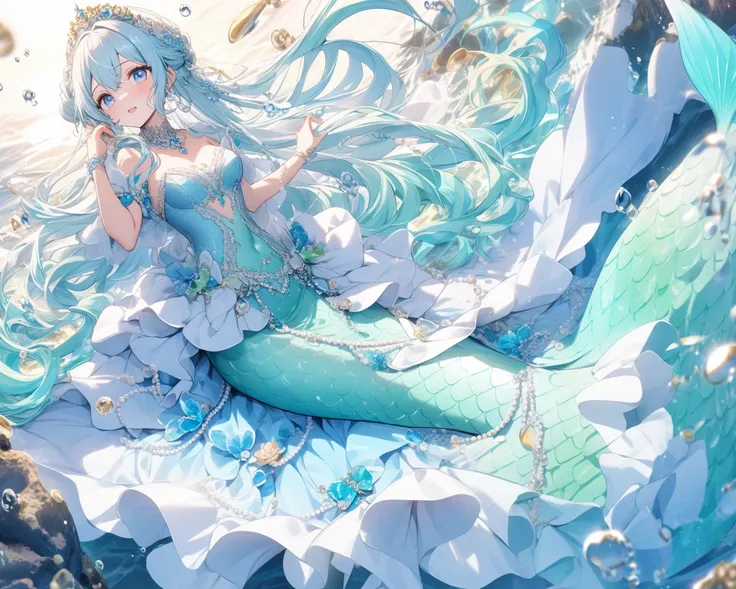 A mermaid with light blue and green fudge , with light blue hair and blue eyes with pearls and a blue bridal gown 