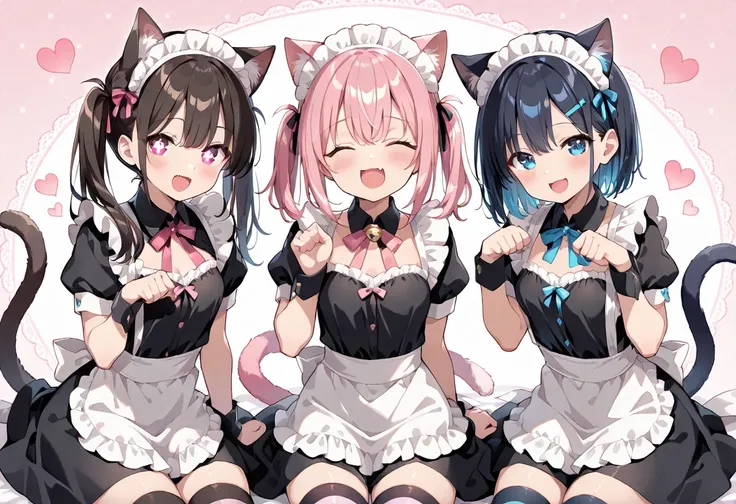 ((masterpiece, best quality, ultra detailed, high resolution, beautiful detailed face, beautiful detailed eyes, perfect hands)), (3 girl, group shot), (cat ear and tail), (small breasts), (different hairstyles and hair colors), (maid costume, maid headdres...