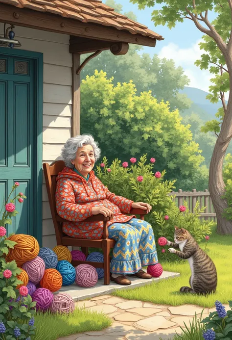 A cheerful, laughing elderly gray-haired woman of small stature, a needlewoman, sits in her old armchair on the porch of her small house.  Beautiful garden. Trees and flowers. A tabby cat plays with a ball of yarn. A sunny summer morning. Acacia bushes, rh...