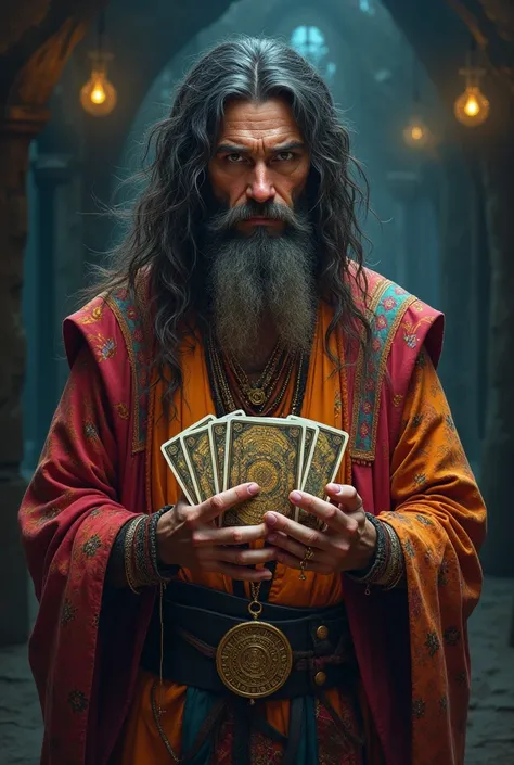 Draw a gypsy, man,  holding a gypsy deck