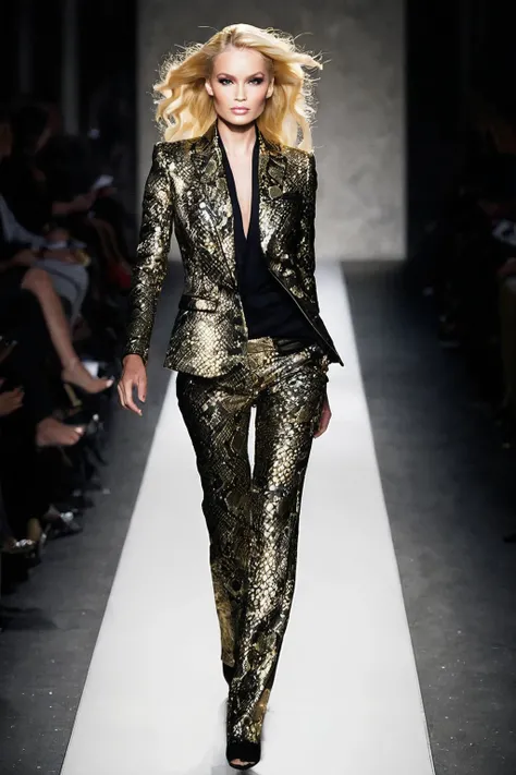 Barbie in a gold suit walking down a catwalk, gold suit, gold outfit, wearing an ornate suit, in a gold suit, luxurious suit, intricate suit, gold snake print jacket, black shirt, gold clothes, glamorous catwalk model, wearing snake print fashion suit, acc...