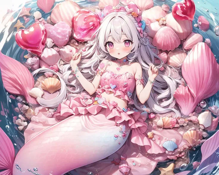 A mermaid with short white hair and pink eyes with hearts , with a pink mermaid syrup , With shells on the dress 