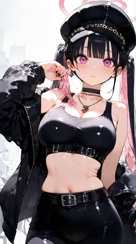 masterpiece, best quality,ZOE,1girl,jacket,multicolored hair,twintails,solo,black hair,black belt,black jacket,pink eyes,belt,hat,pink hair,choker,black choker,looking at viewer,crop top,jewelry,breasts,necklace,bangs,long hair,black headwear, (masterpiece...