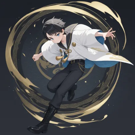 1boy ,Shinkai Nagi,bishonen,dynamic pose,slim,very short black hair, (spiky hair:0.8),swept bangs,ahoge,blue eyes, (jitome:0.7),(thick eyebrows:0.9),white haori with seigaiha patterns,black sailor collar,gold tassel,black belt,pants,tights,boots,BREAK whit...