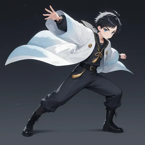 1boy ,Shinkai Nagi,bishonen,dynamic pose,slim,very short black hair, (spiky hair:0.8),swept bangs,ahoge,blue eyes, (jitome:0.7),(thick eyebrows:0.9),white haori with seigaiha patterns,black sailor collar,gold tassel,black belt,pants,tights,boots,BREAK whit...