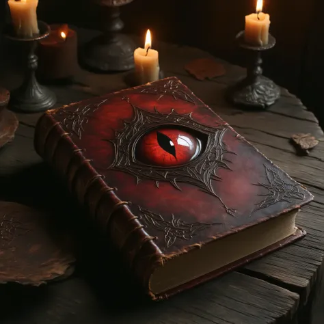 A book in red leather, with a red eye in tje center, slithed pupil, bestiary book, on a table with candles